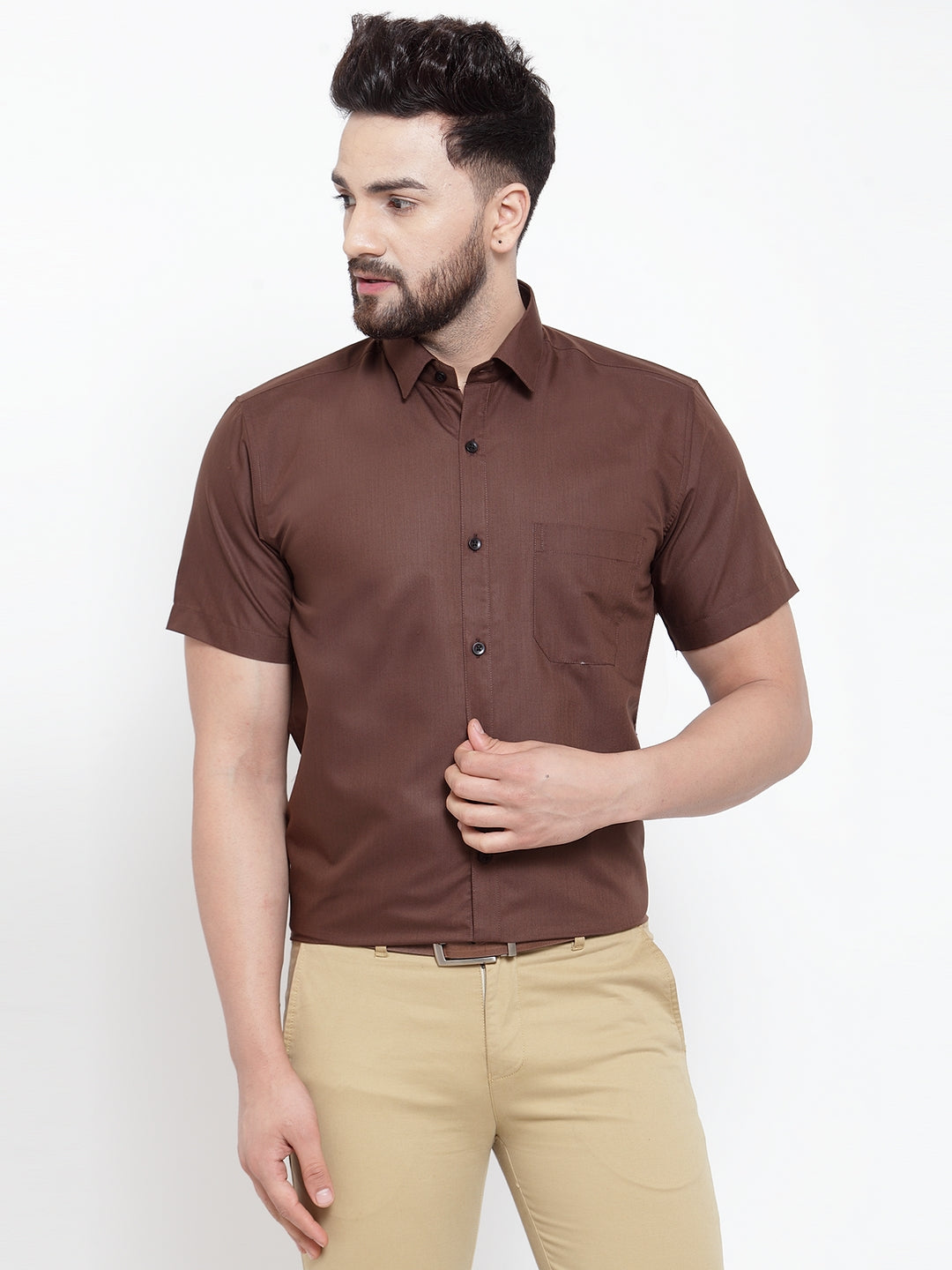 Jainish Brown Men's Cotton Half Sleeves Solid Formal Shirts