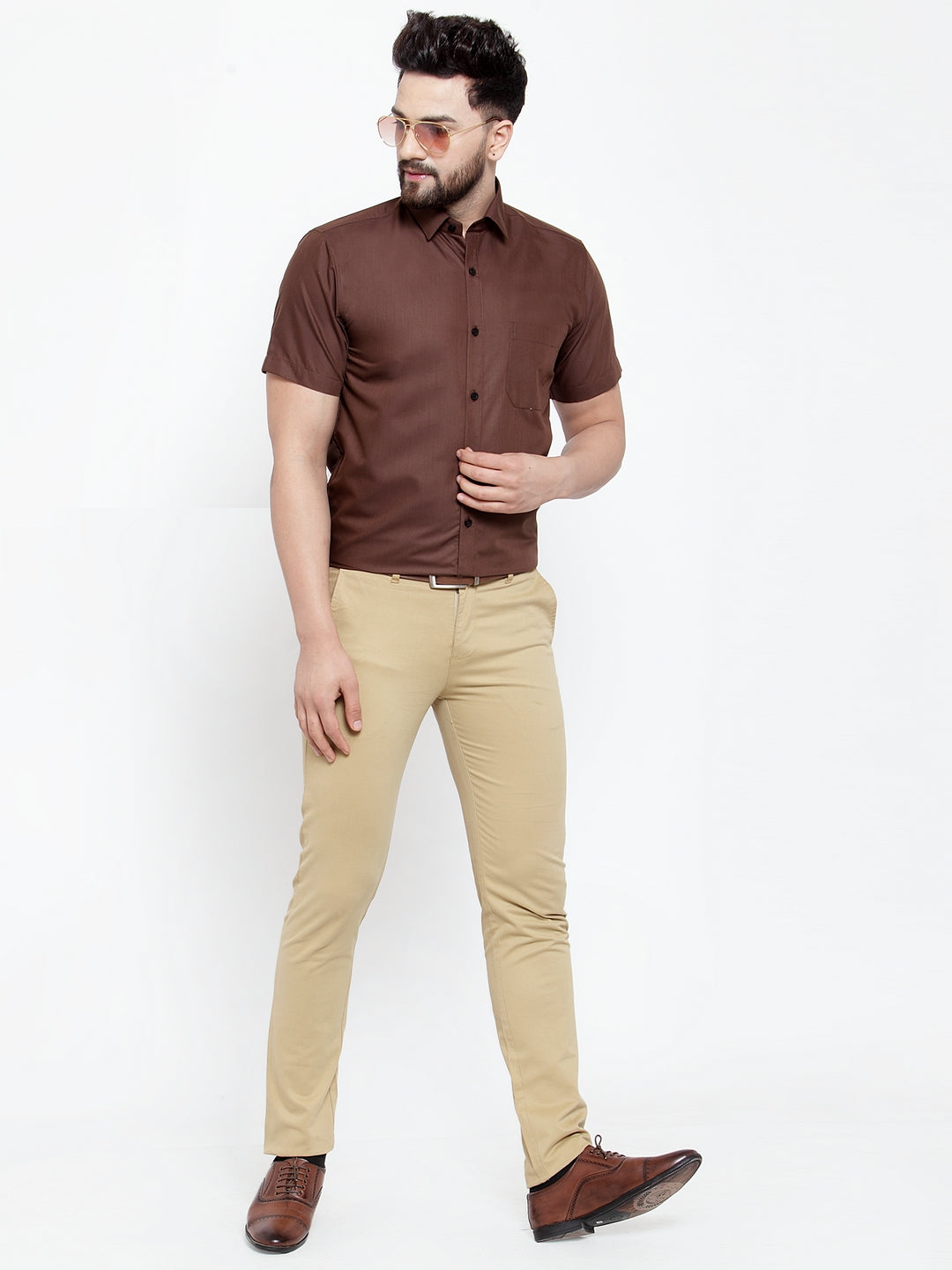 Jainish Brown Men's Cotton Half Sleeves Solid Formal Shirts