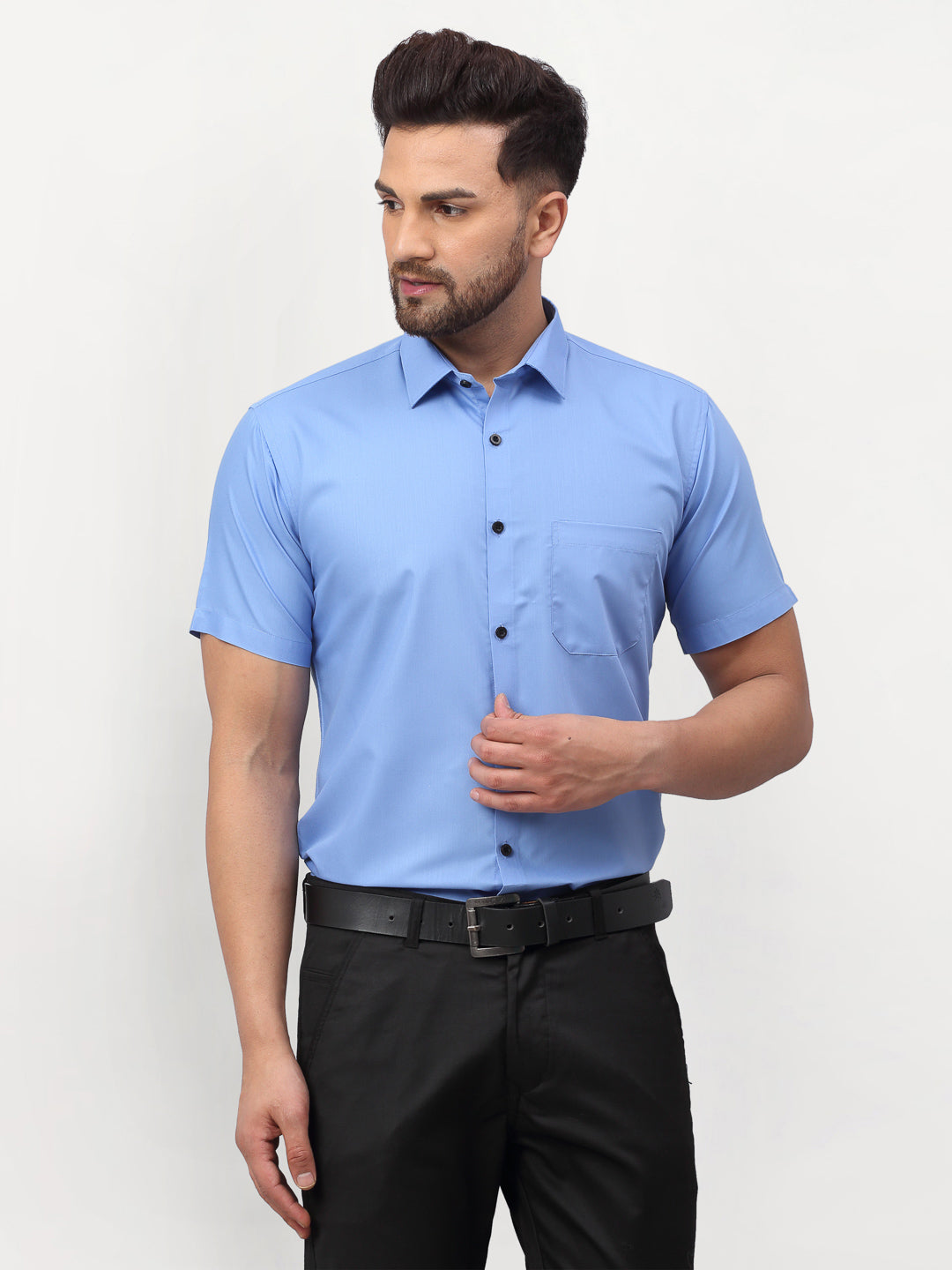 Jainish Blue Men's Cotton Half Sleeves Solid Formal Shirts