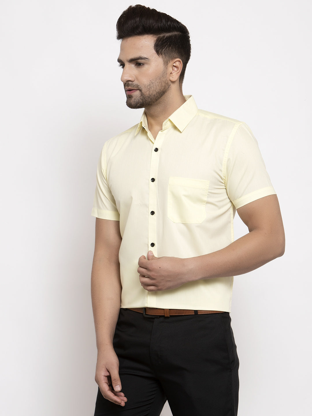 Jainish Yellow Men's Cotton Half Sleeves Solid Formal Shirts