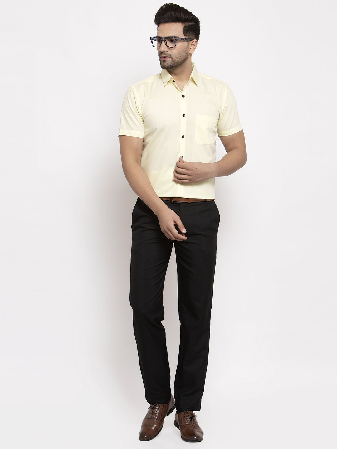 Jainish Yellow Men's Cotton Half Sleeves Solid Formal Shirts
