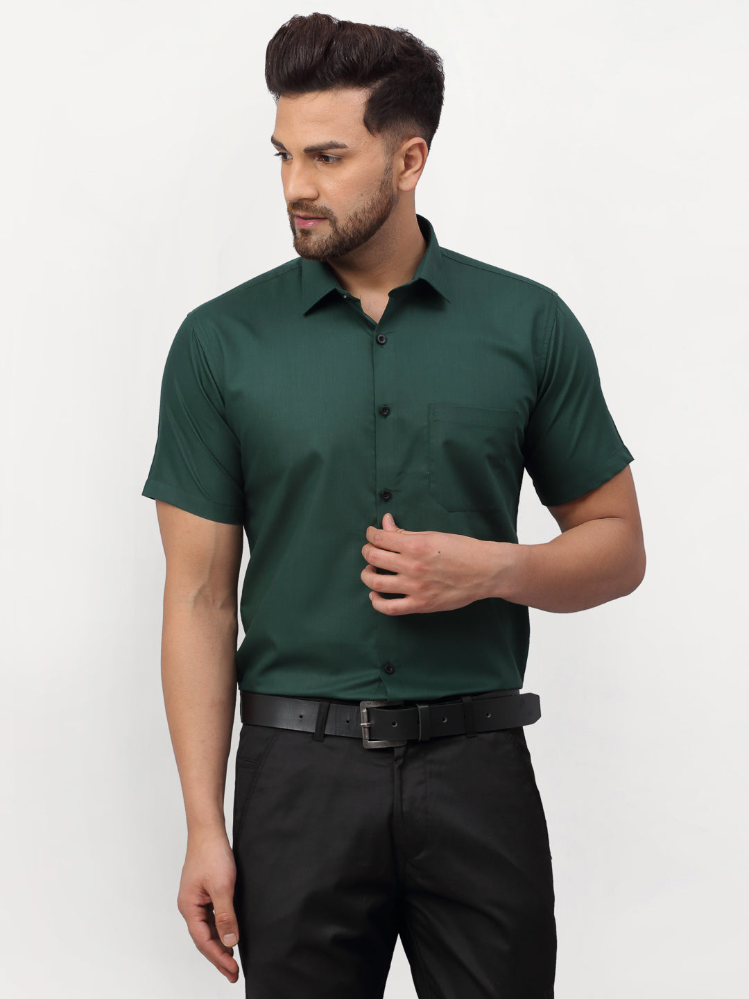 Jainish Olive Men's Cotton Half Sleeves Solid Formal Shirts