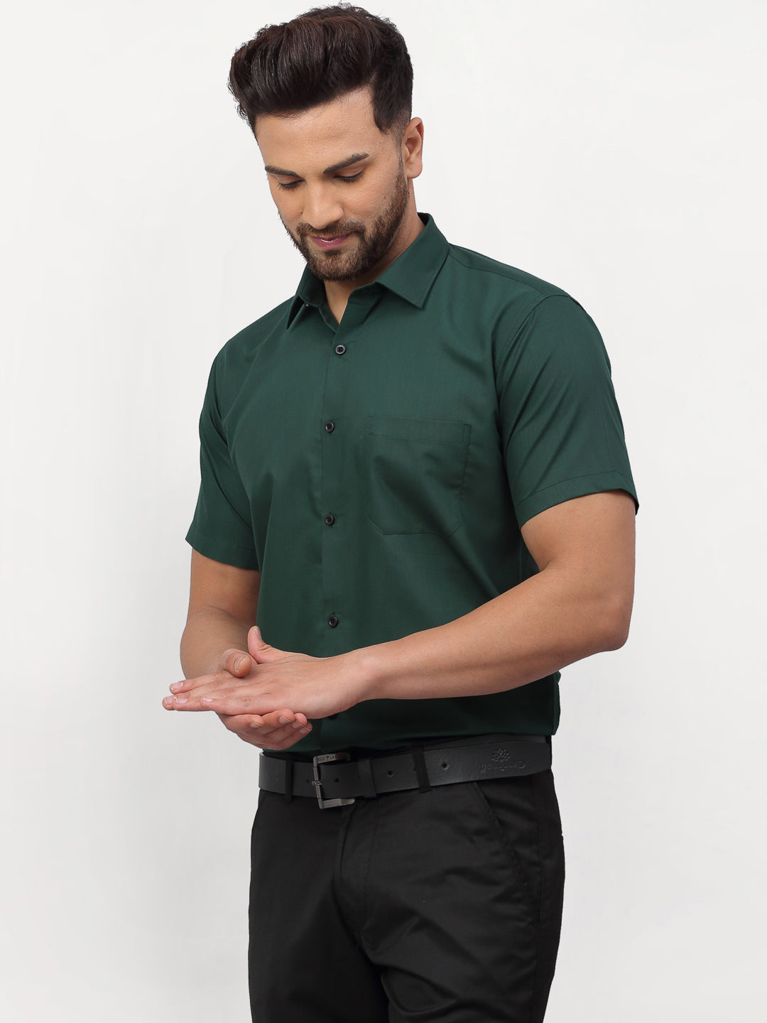 Jainish Olive Men's Cotton Half Sleeves Solid Formal Shirts