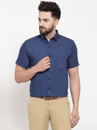 Indian Needle Blue Men's Cotton Half Sleeves Solid Formal Shirts