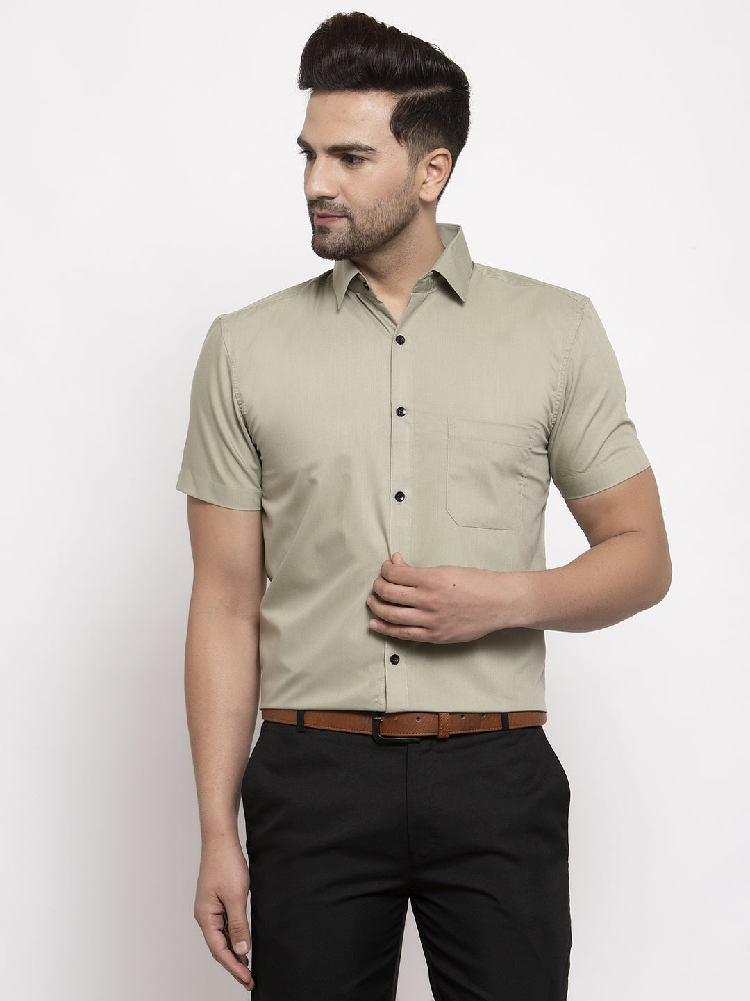 Jainish Green Men's Cotton Half Sleeves Solid Formal Shirts