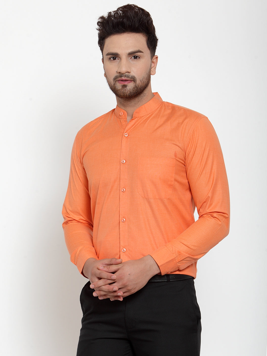 Jainish Orange Men's Cotton Solid Mandarin Collar Formal Shirts