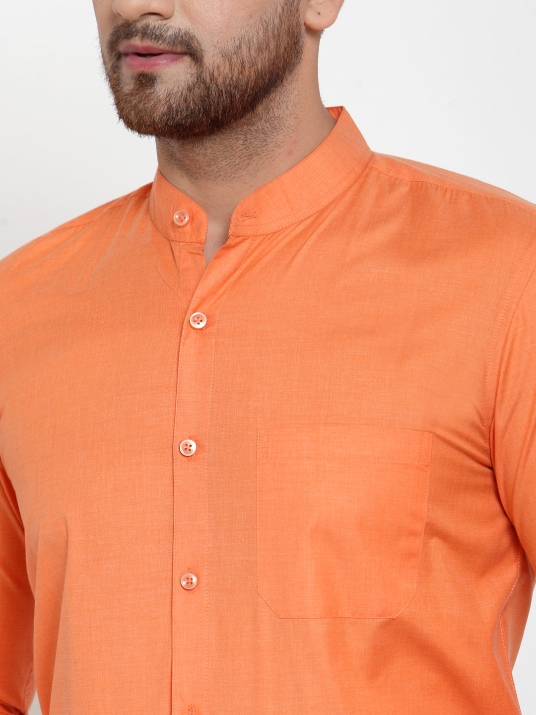 Jainish Orange Men's Cotton Solid Mandarin Collar Formal Shirts
