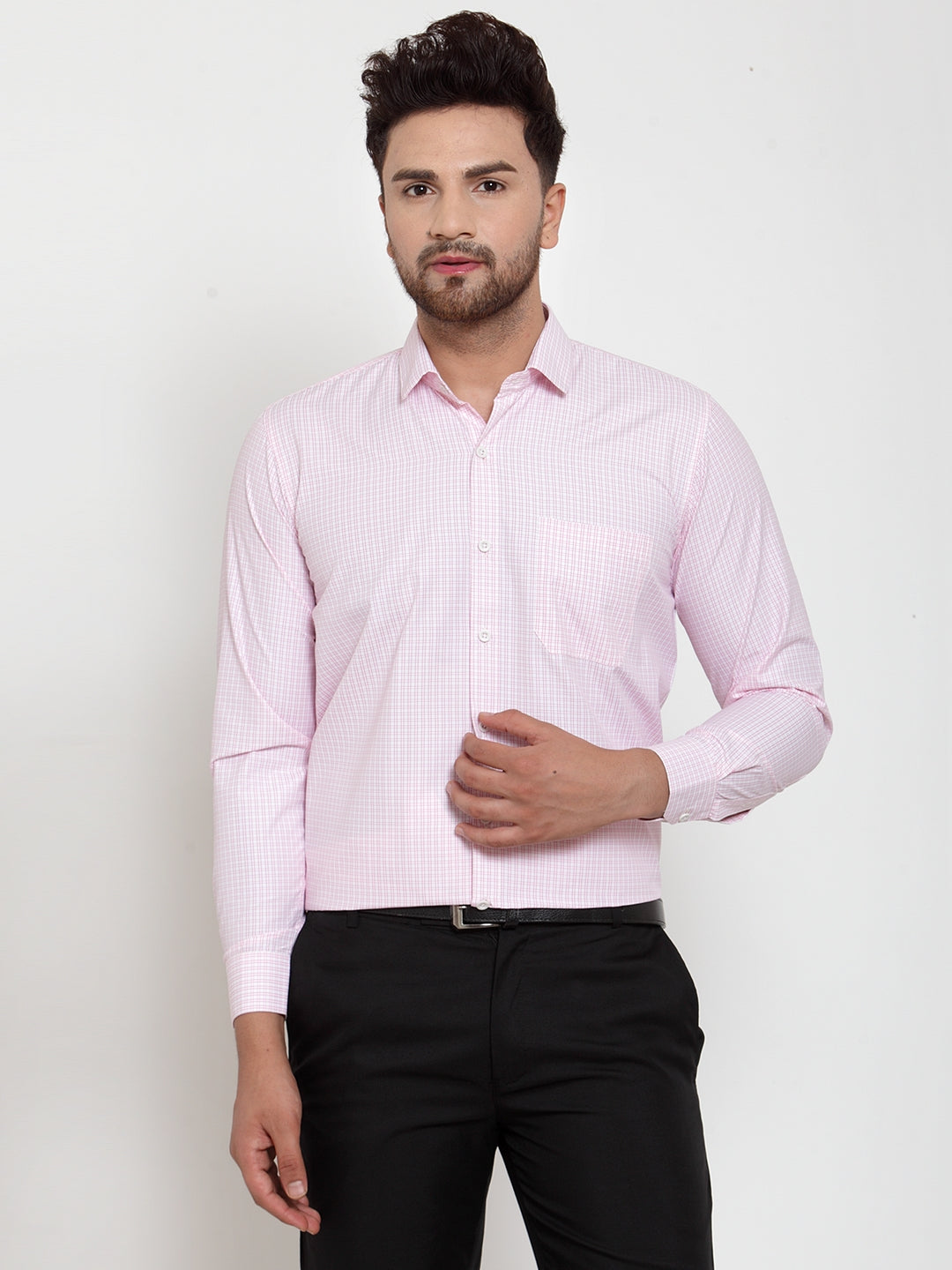Jainish Pink Men's Cotton Checked Formal Shirt's
