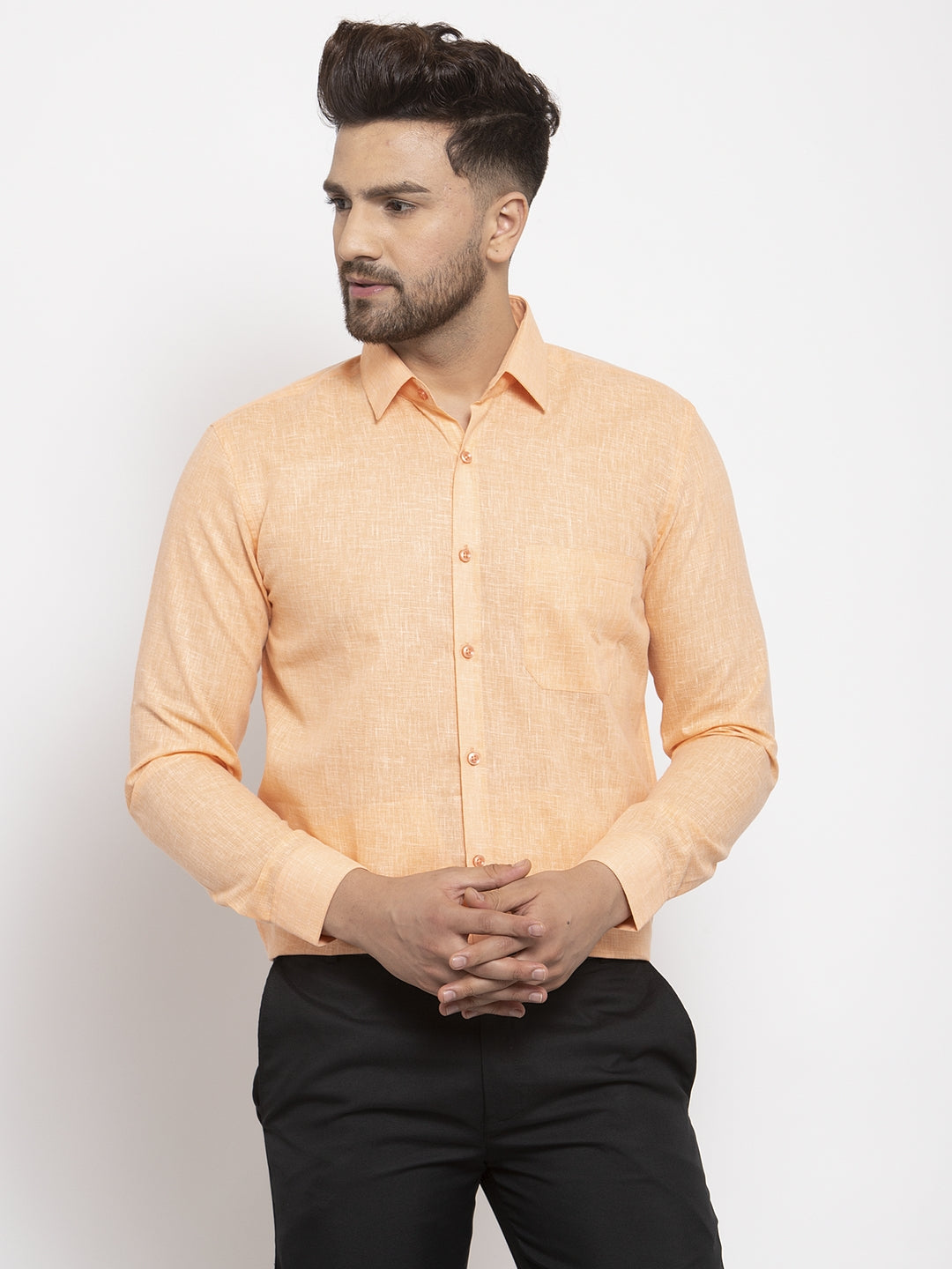 Jainish Orange Men's Dobby Solid Formal Shirts