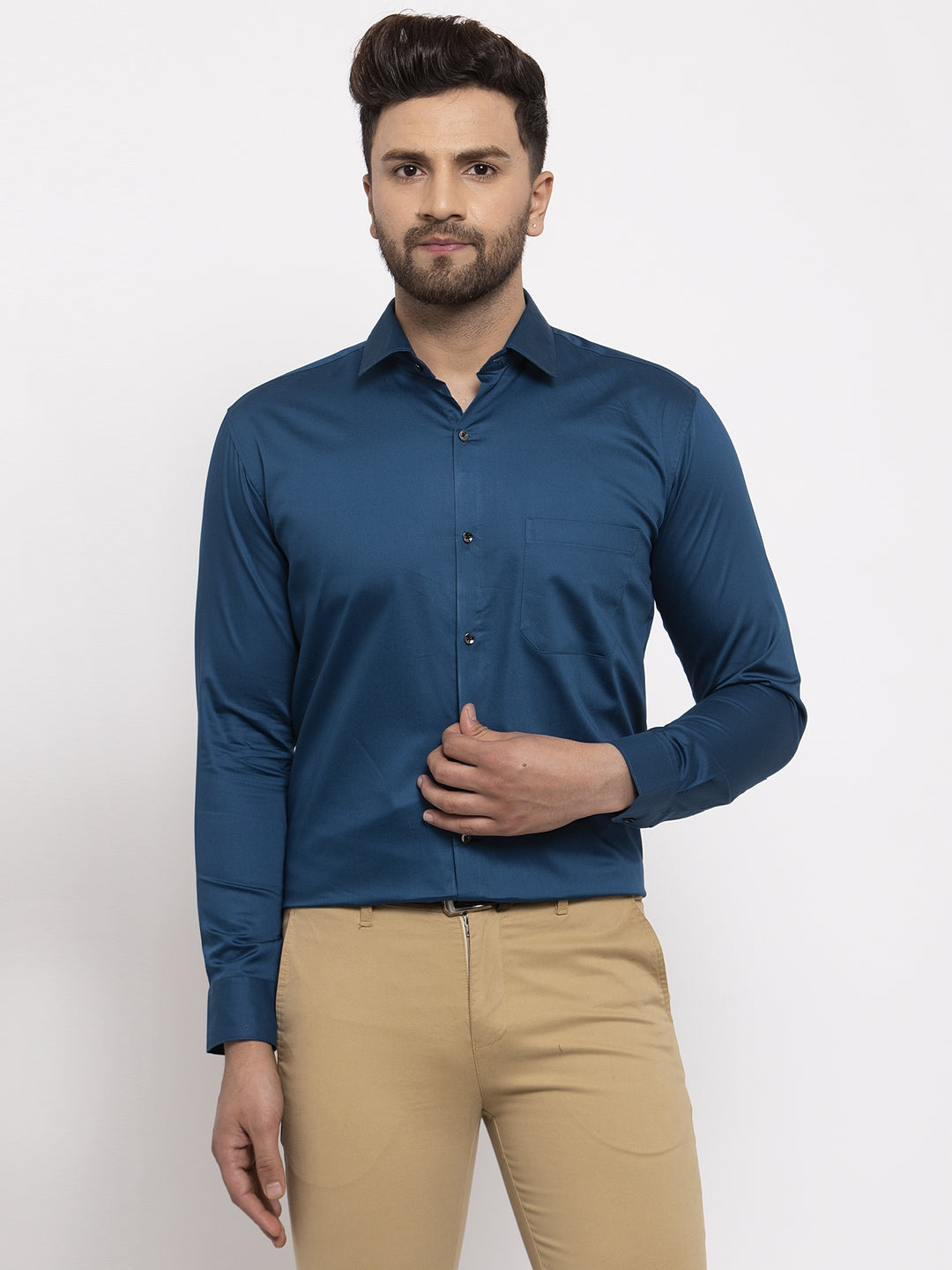 Jainish Navy Men's Cotton Solid Formal Shirt's