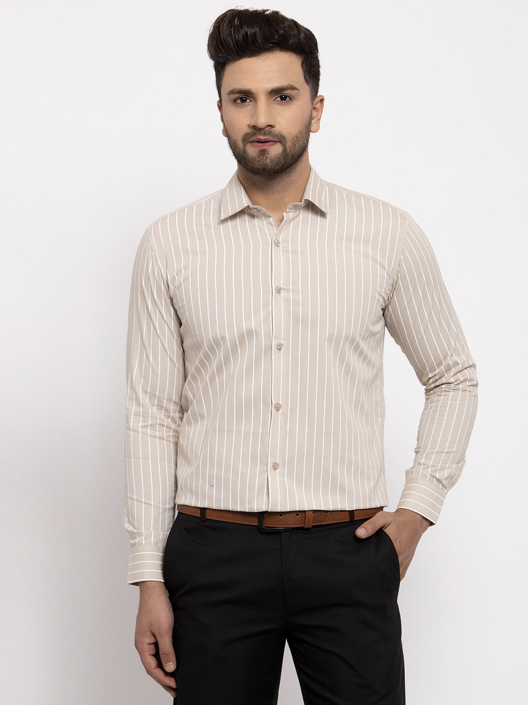 Jainish Cream Men's Cotton Striped Formal Shirt's
