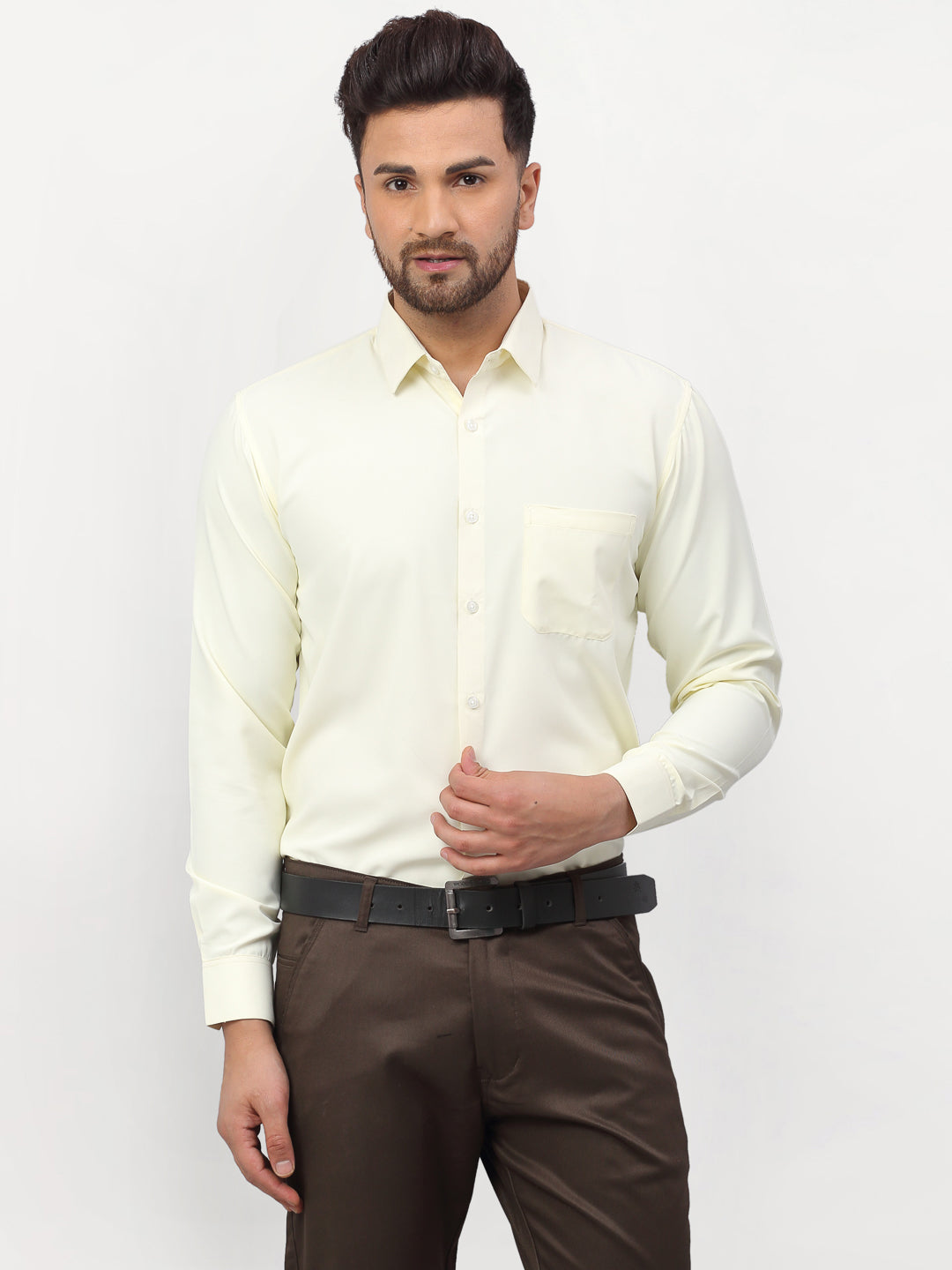 Jainish Yellow Men's Solid Formal Shirts