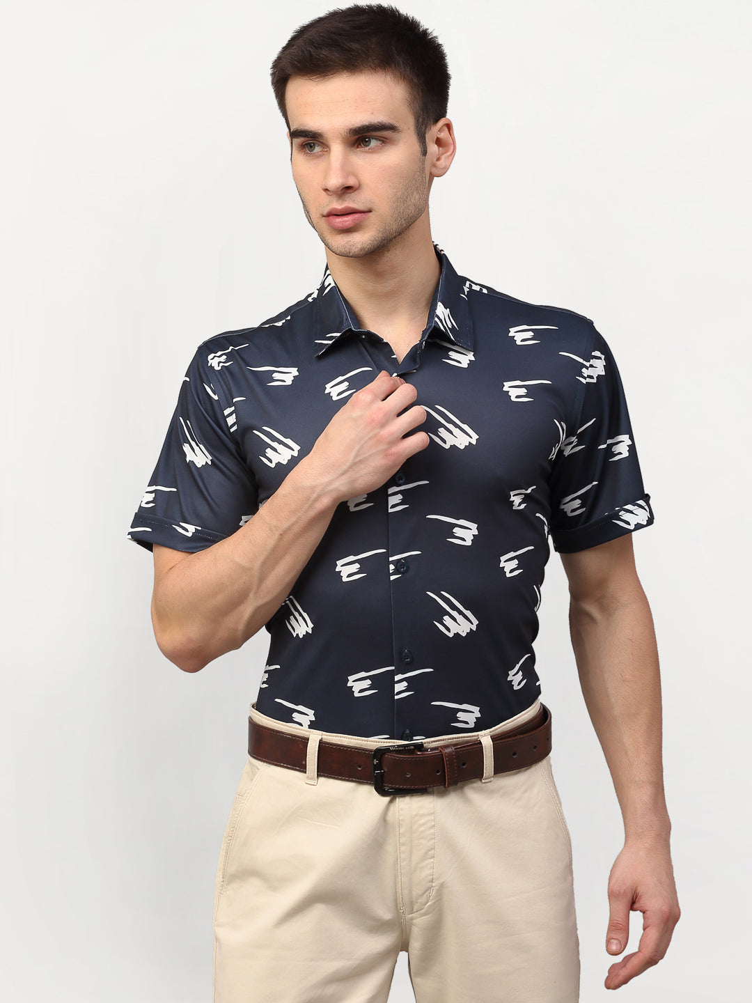 Jainish Navy Blue Men's Printed Lycra Half Sleevess Formal Shirts