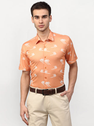 Indian Needle Peach Men's Printed Lycra Half Sleevess Formal Shirts