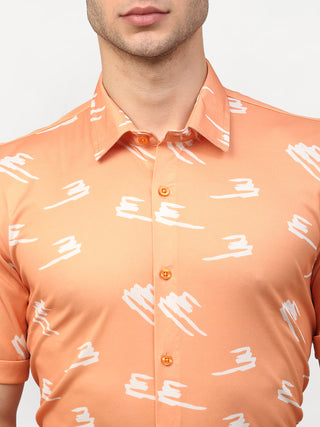 Indian Needle Peach Men's Printed Lycra Half Sleevess Formal Shirts
