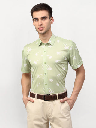 Indian Needle Green Men's Printed Lycra Half Sleevess Formal Shirts