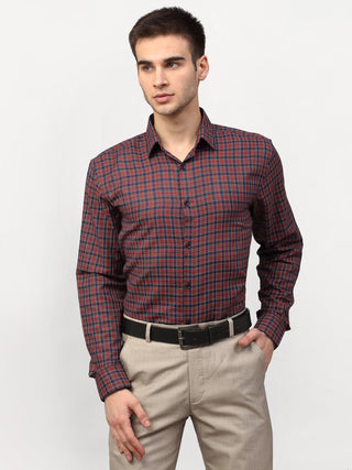 Indian Needle Maroon Men's Checked Formal Shirts