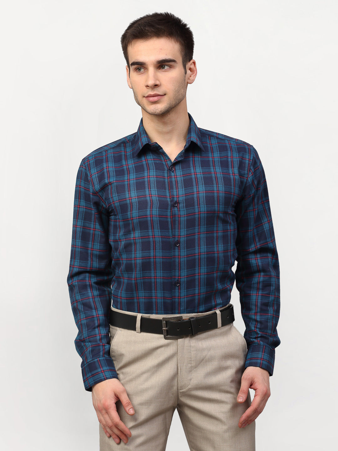Jainish Blue Men's Checked Formal Shirts