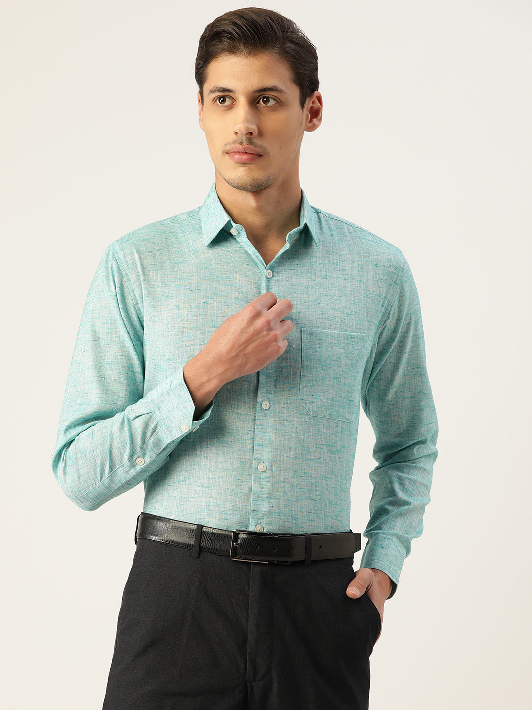 Jainish Green Men's Solid Cotton Formal Shirt