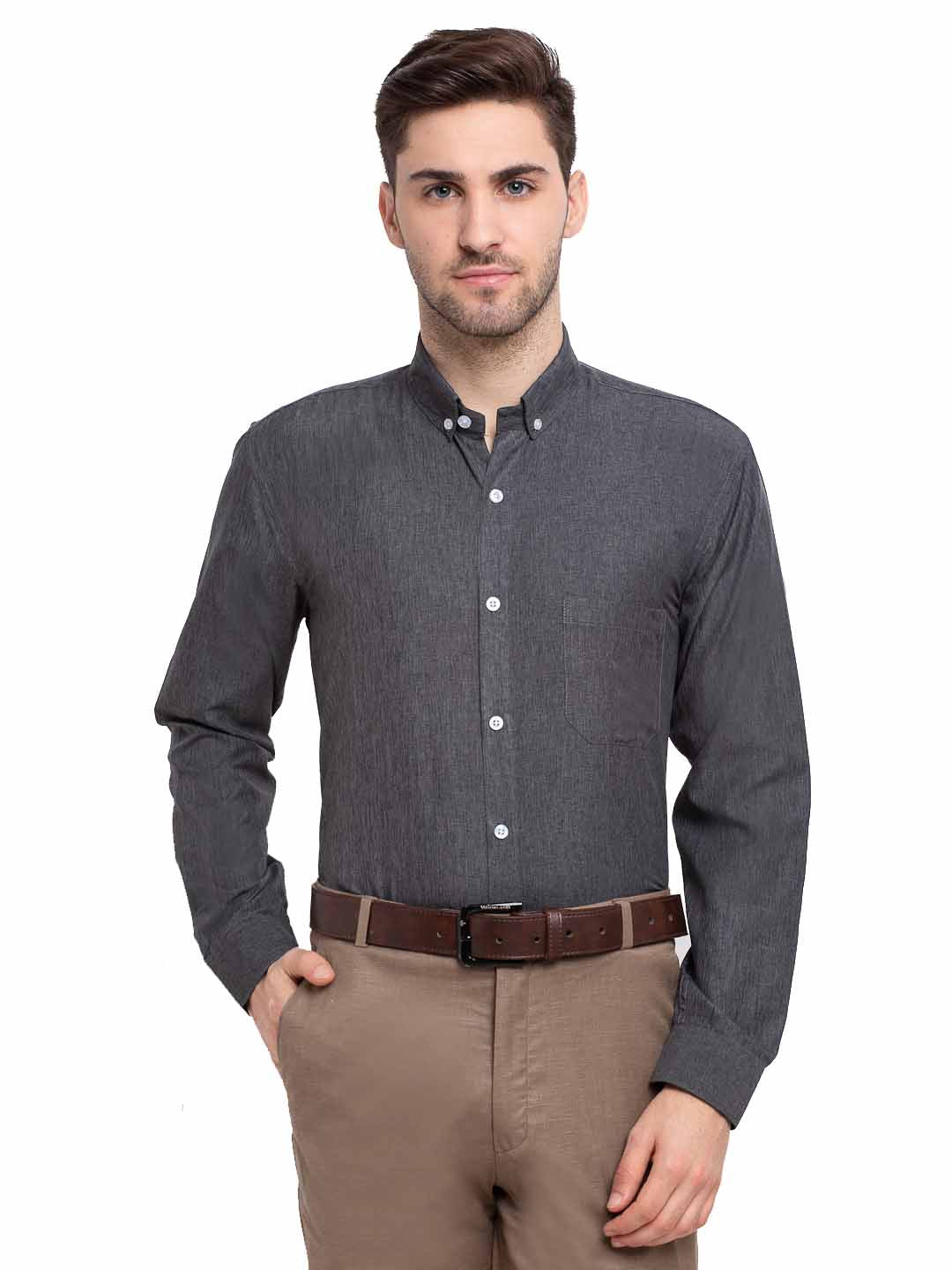 Jainish Grey Melange Men's Button Down Collar Cotton Formal Shirt