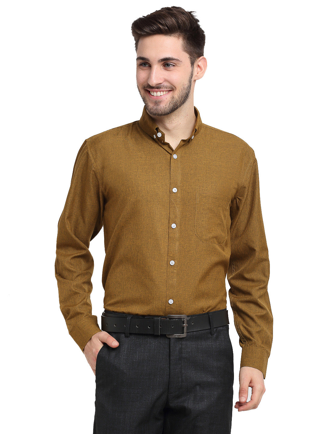 Jainish Olive Men's Button Down Collar Cotton Formal Shirt