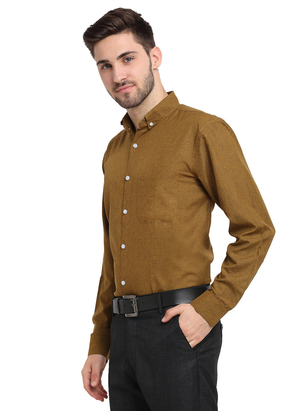 Jainish Olive Men's Button Down Collar Cotton Formal Shirt
