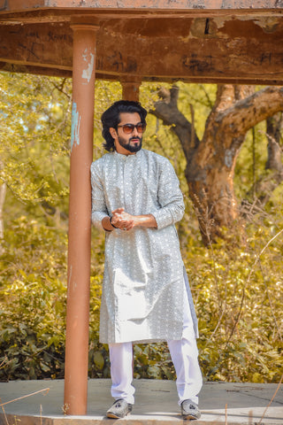 Jompers Light Grey Embroidered Kurta with Pyjamas