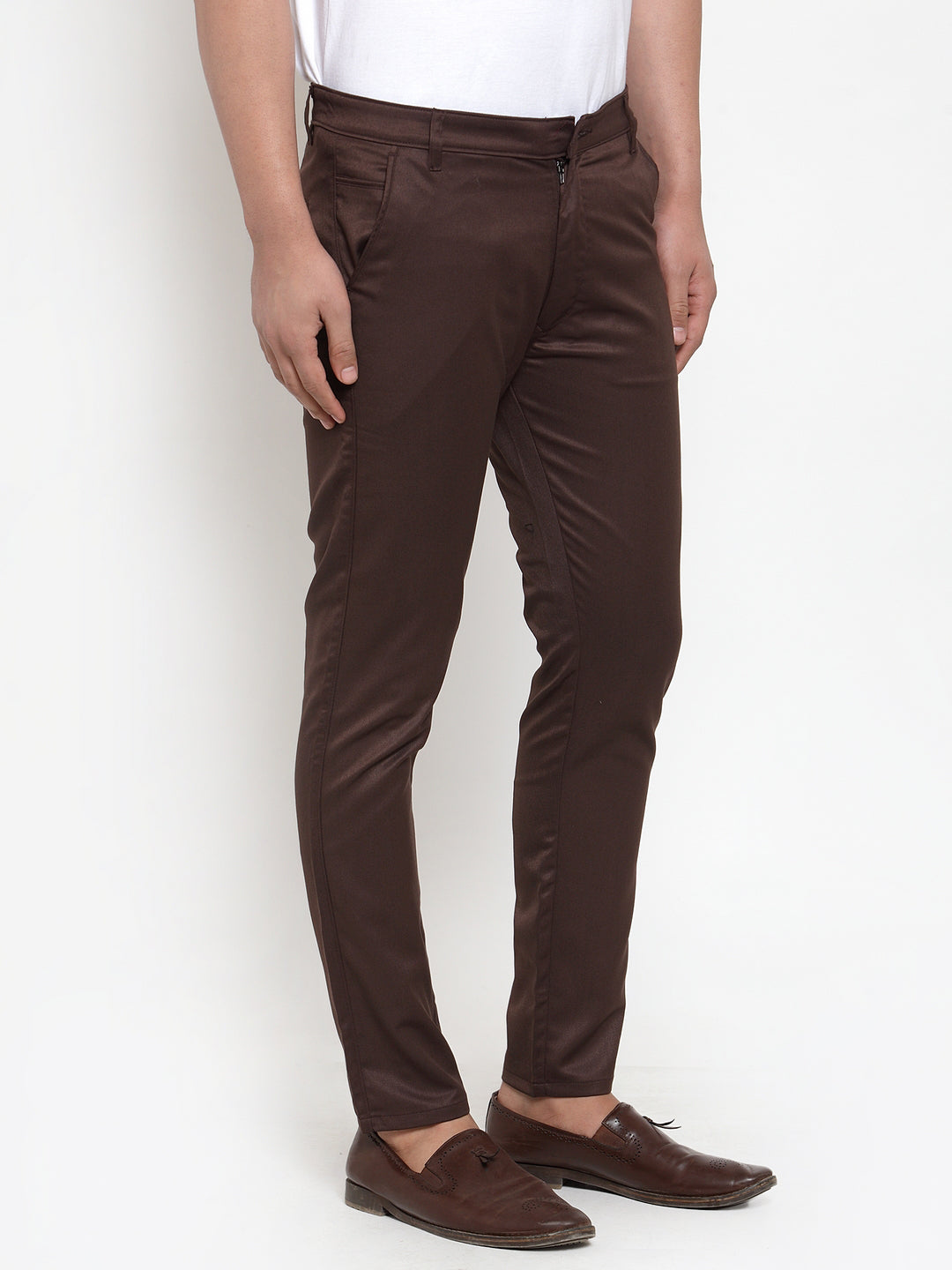 Jainish Men's Brown Solid Formal Trousers