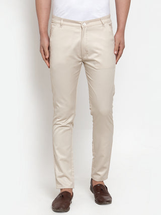 Indian Needle Men's Cream Solid Formal Trousers
