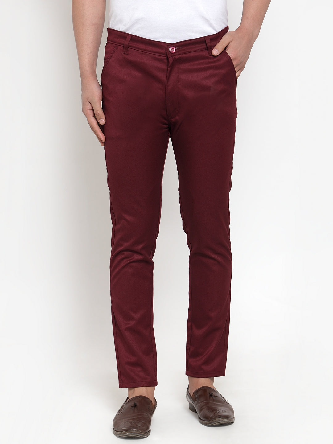 Jainish Men's Maroon Solid Formal Trousers
