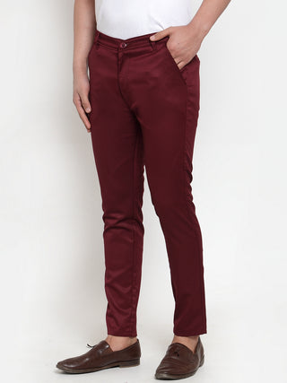 Indian Needle Men's Maroon Solid Formal Trousers