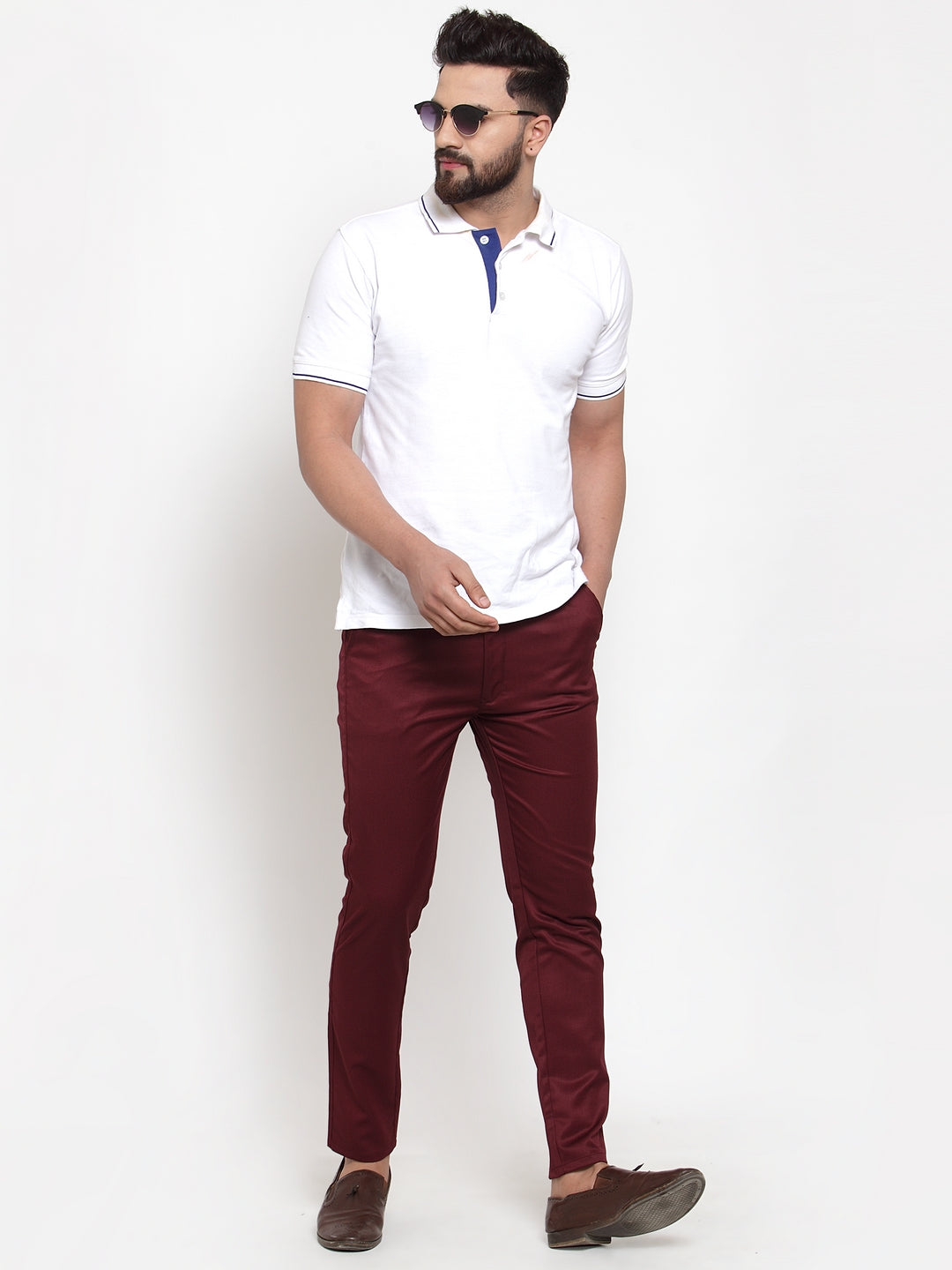 Jainish Men's Maroon Solid Formal Trousers