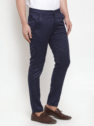 Indian Needle Men's Navy Solid Formal Trousers