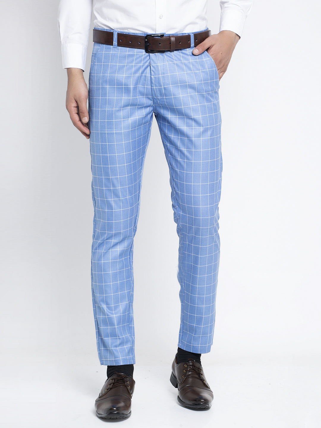 Buy STOP Sky Blue Printed Cotton Stretch Slim Fit Mens Trousers | Shoppers  Stop