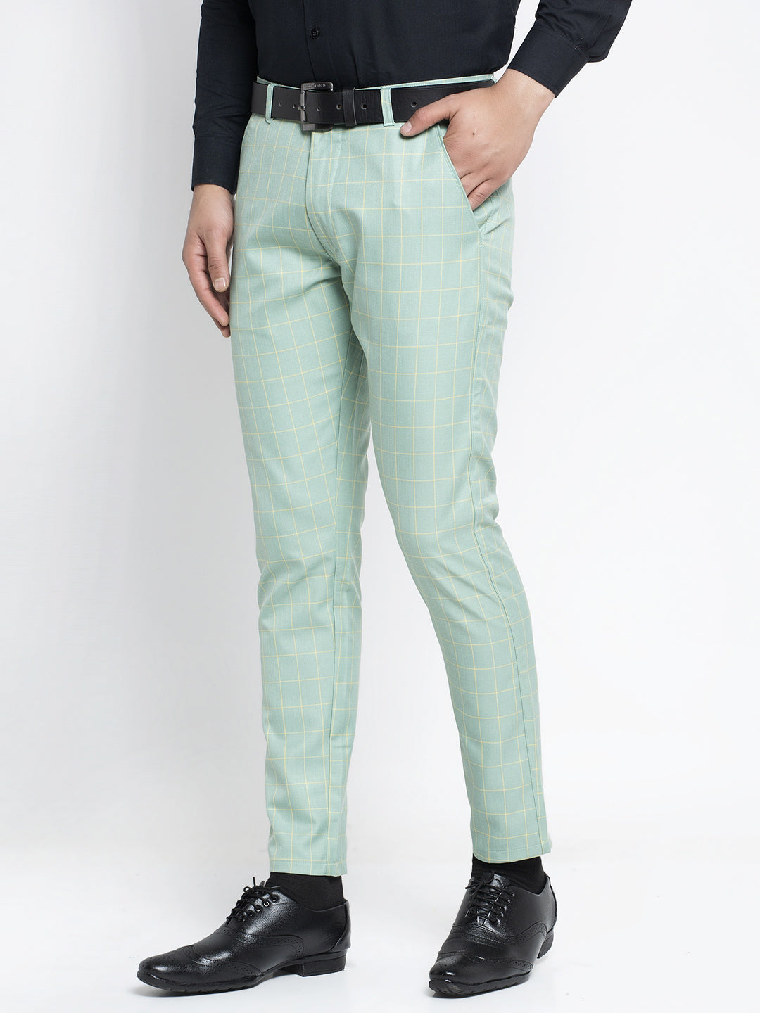 Men's Elastic Linen Striped Two-Tone Green Trousers With Chain Elegant