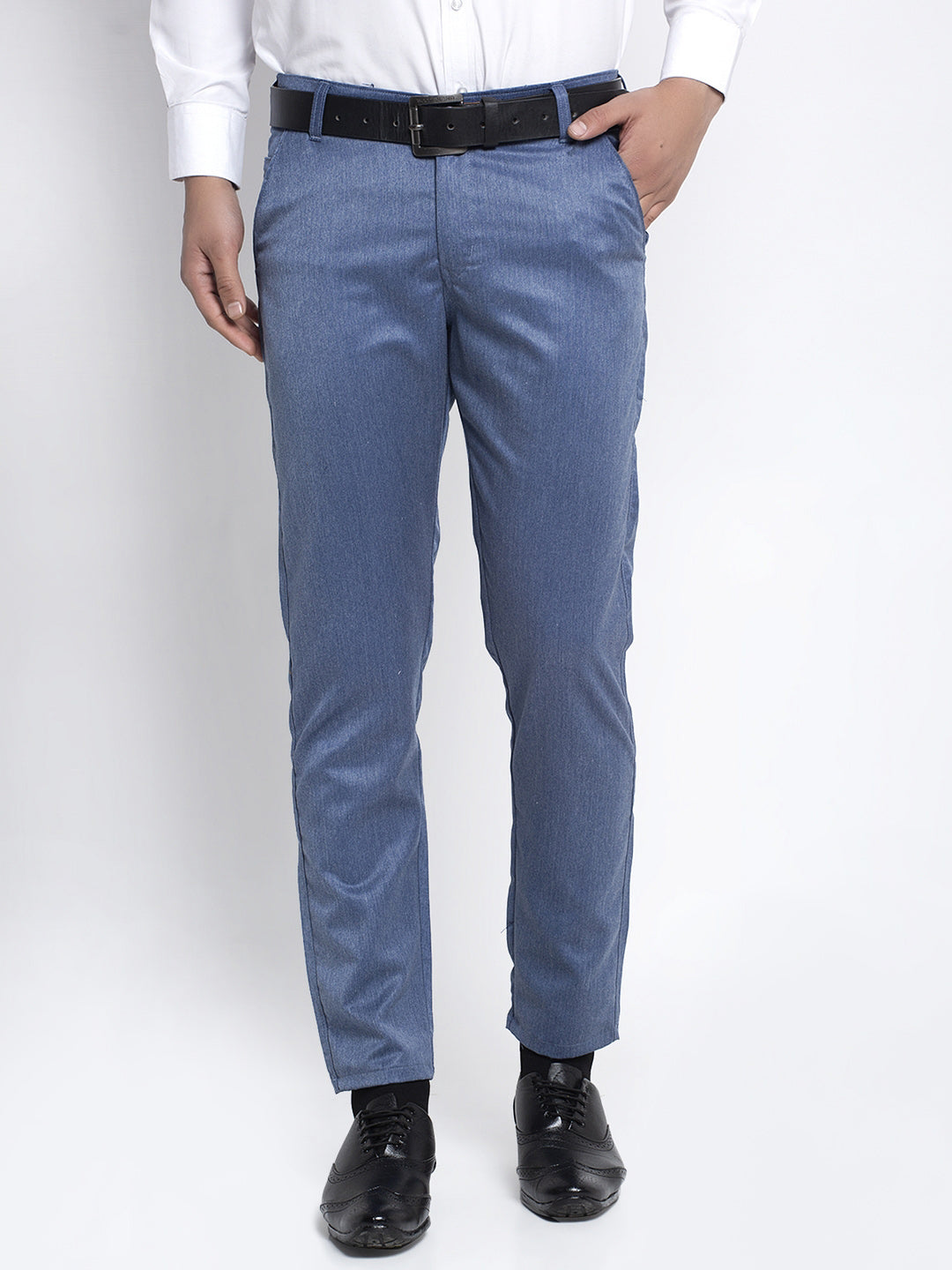 Jainish Men's Blue Cotton Solid Formal Trousers