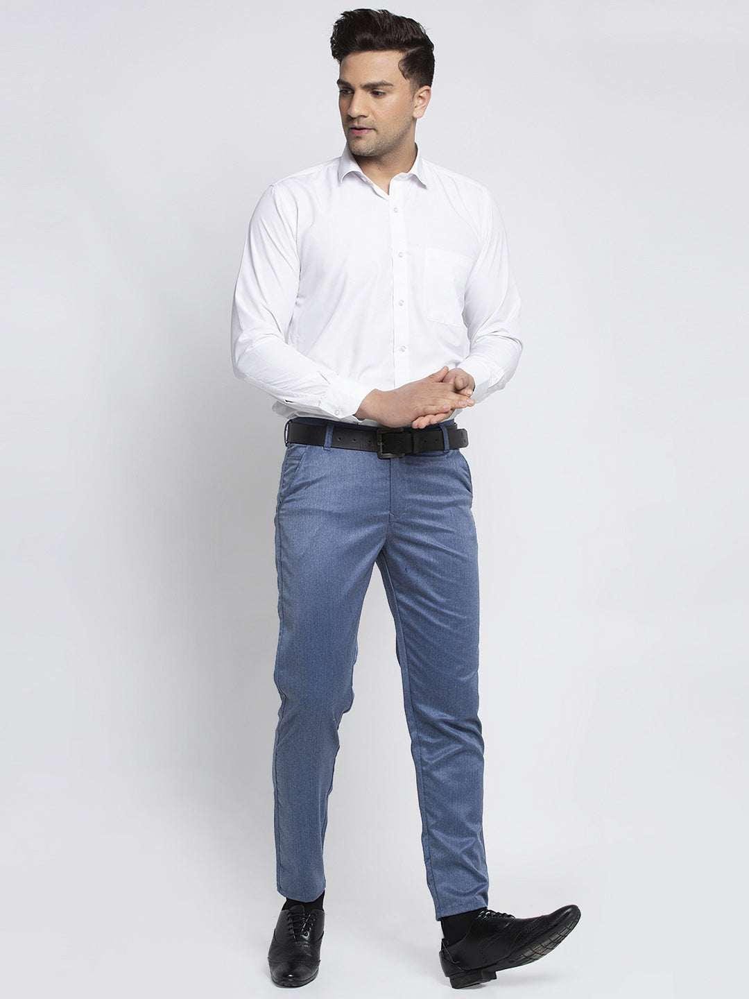 Jainish Men's Blue Cotton Solid Formal Trousers