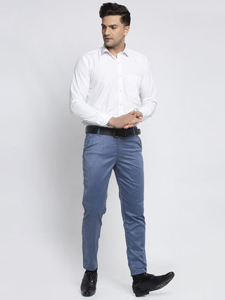 Indian Needle Men's Blue Cotton Solid Formal Trousers