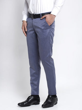 Indian Needle Men's Blue Cotton Solid Formal Trousers