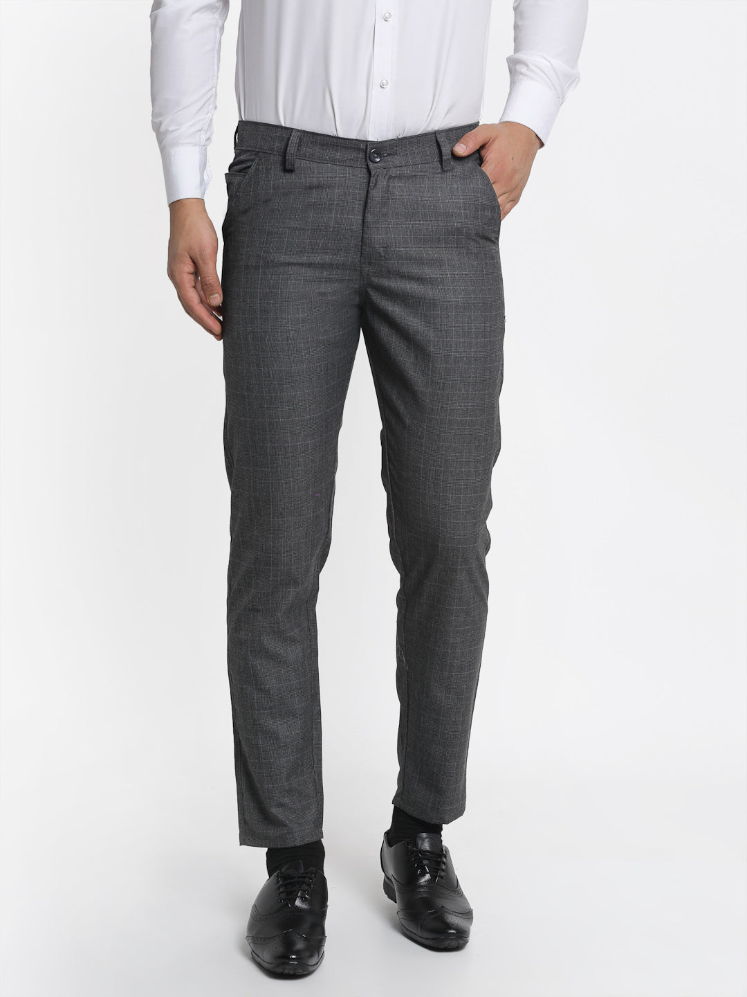 Jainish Men's Charcoal Checked Formal Trousers