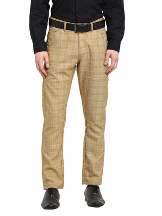 Indian Needle Men's Beige Cotton Checked Formal Trousers