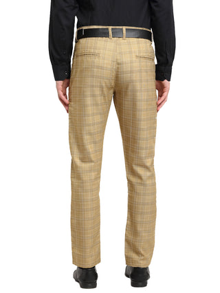 Indian Needle Men's Beige Cotton Checked Formal Trousers