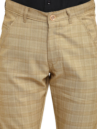 Indian Needle Men's Beige Cotton Checked Formal Trousers