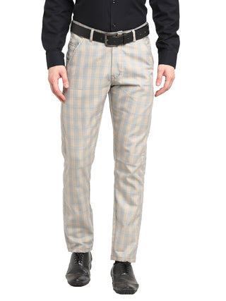 Indian Needle Men's Blue Cotton Checked Formal Trousers