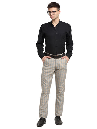 Indian Needle Men's Blue Cotton Checked Formal Trousers