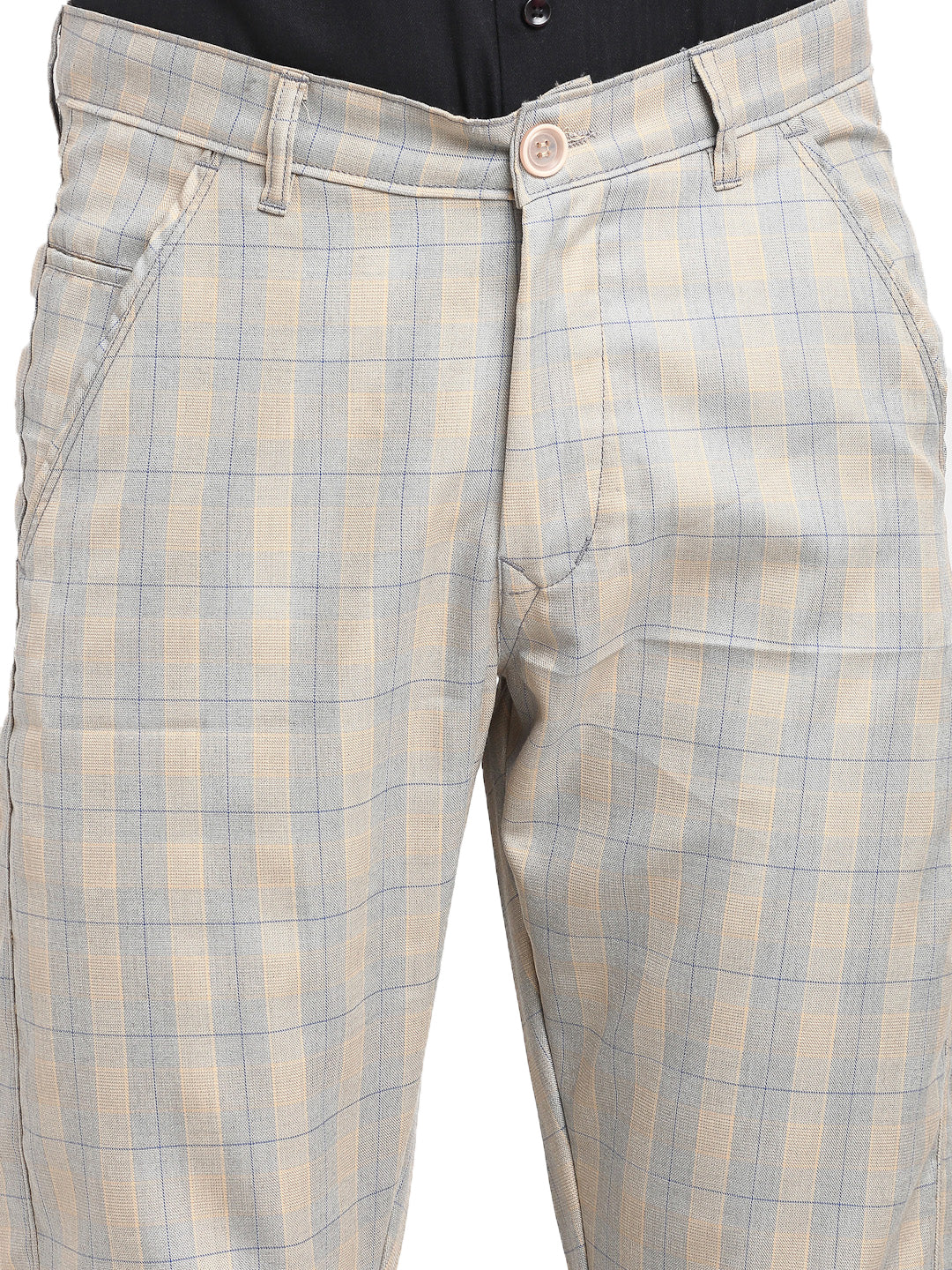 Jainish Men's Blue Cotton Checked Formal Trousers