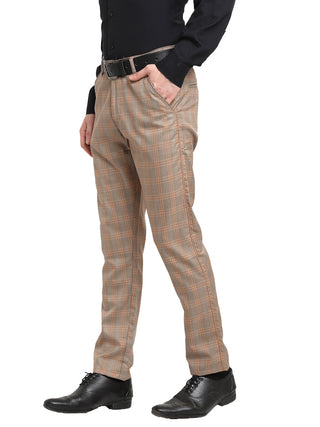 Indian Needle Men's Brown Cotton Checked Formal Trousers