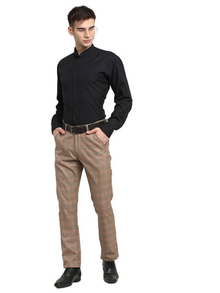 Indian Needle Men's Brown Cotton Checked Formal Trousers