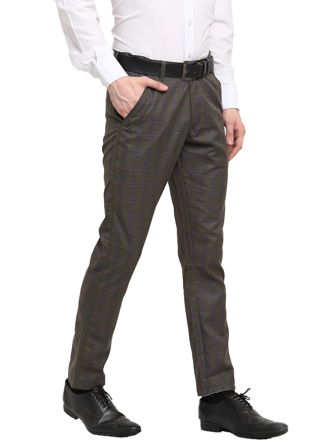 Jainish Men's Black Cotton Checked Formal Trousers