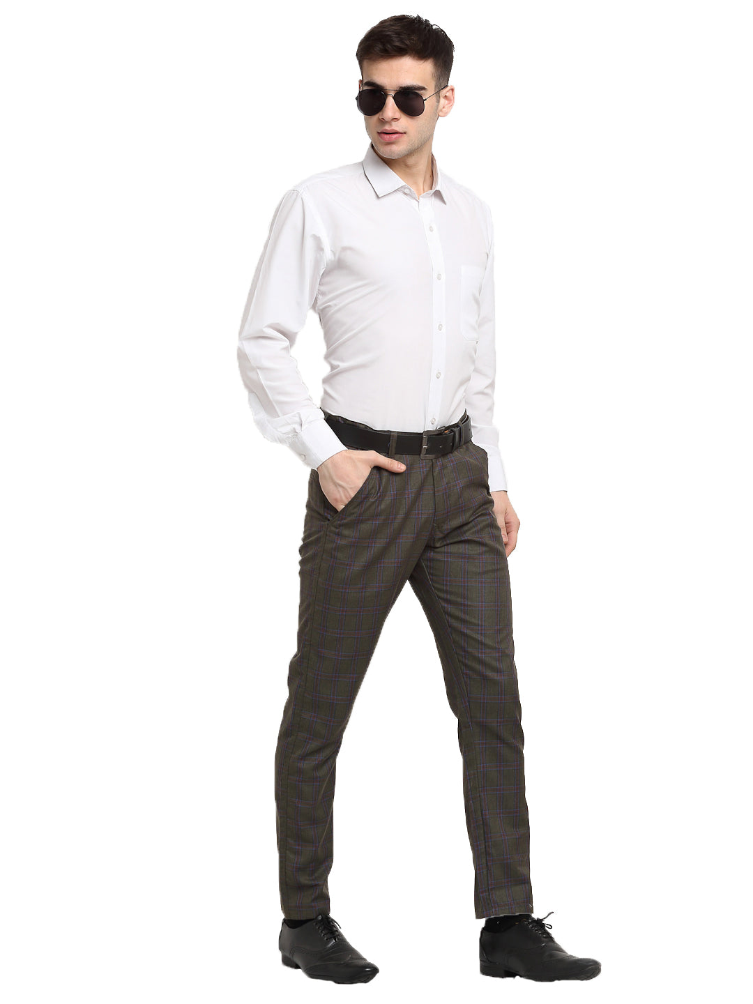 Jainish Men's Black Cotton Checked Formal Trousers